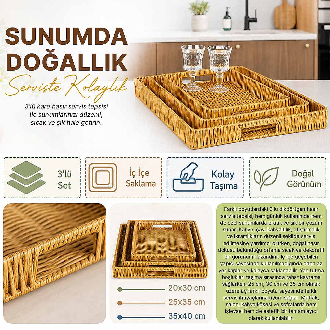 3'lü Dikdörtgen Hasır Servis Sunum Tepsisi – Dekoratif Çok Amaçlı Kahvaltı İkram Tepsi Seti - 2