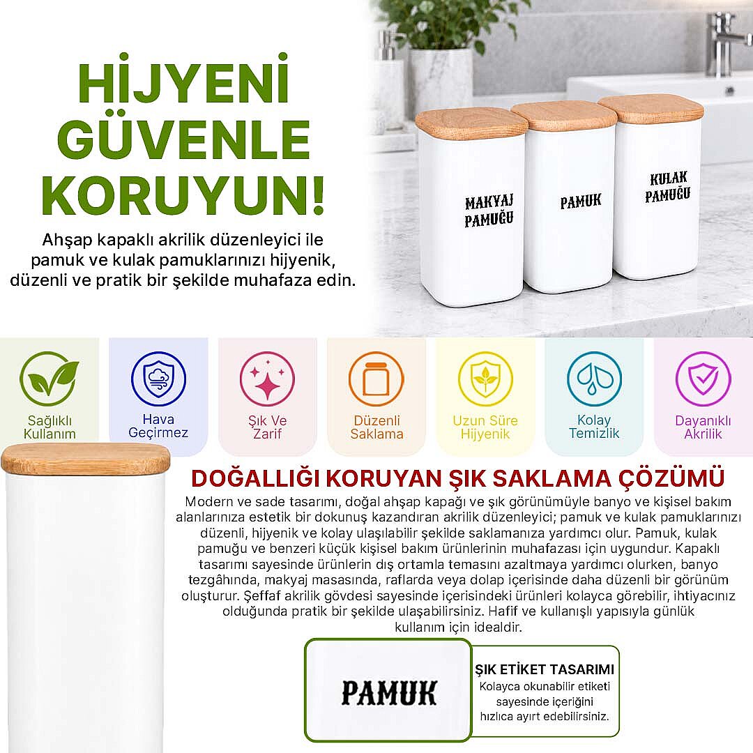 3'lü Porselen Görünümlü Akrilik Pamukluk Seti – Doğal Ahşap Vakum Kapaklı Pamuk Kulak Pamuğu Makyaj Pamuğu Kabı - 2