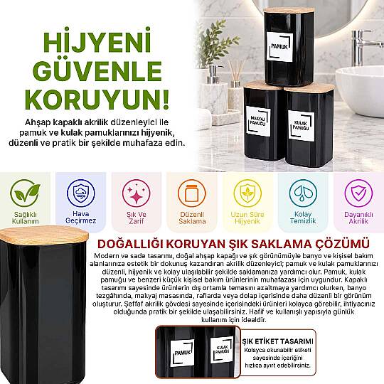 3'lü Siyah Akrilik Pamukluk Seti – Doğal Ahşap Vakum Kapaklı Pamuk Kulak Pamuğu Makyaj Pamuğu Saklama Kabı - 2