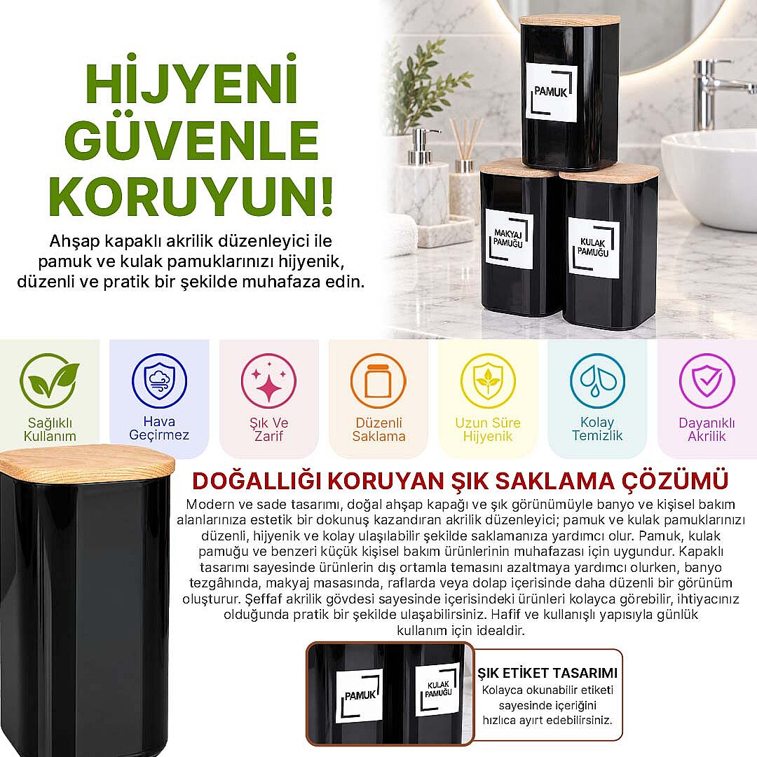 3'lü Siyah Akrilik Pamukluk Seti – Doğal Ahşap Vakum Kapaklı Pamuk Kulak Pamuğu Makyaj Pamuğu Saklama Kabı - 2