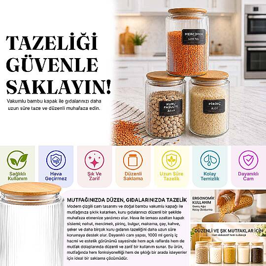 3lü Etiketli Cam Kavanoz Seti – Bambu Vakum Kapaklı Çizgili Erzak Bakliyat Saklama Kabı 3x 1 L - 2