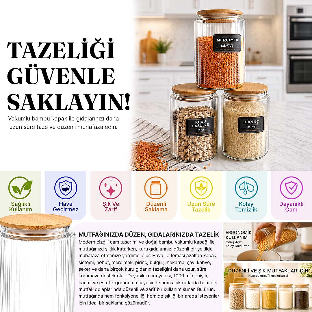 3lü Etiketli Cam Kavanoz Seti – Bambu Vakum Kapaklı Çizgili Erzak Bakliyat Saklama Kabı 3x 1 L - 2