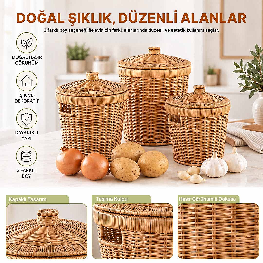 3’lü Hasır Görünümlü Kapaklı Patates Soğan Saklama Sepeti - Çok Amaçlı Dekoratif Sepet - 2