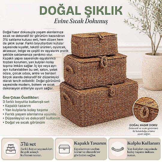 3lü Kapaklı Hasır Sepet Saklama Kutusu Seti – Çok Amaçlı Sepet Banyo Dolap Düzenleyici Organizer - 2