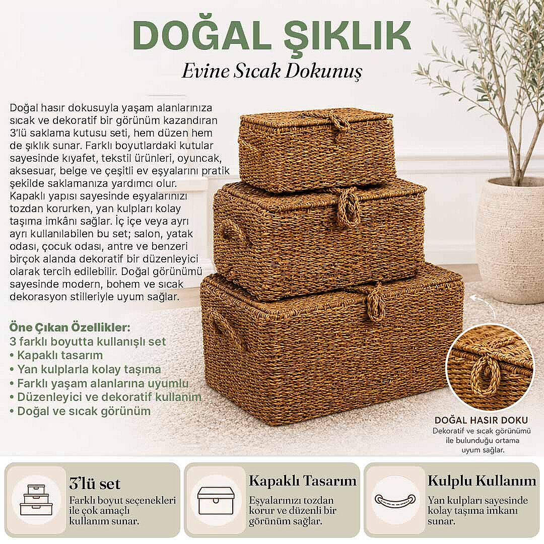 3lü Kapaklı Hasır Sepet Saklama Kutusu Seti – Çok Amaçlı Sepet Banyo Dolap Düzenleyici Organizer - 2