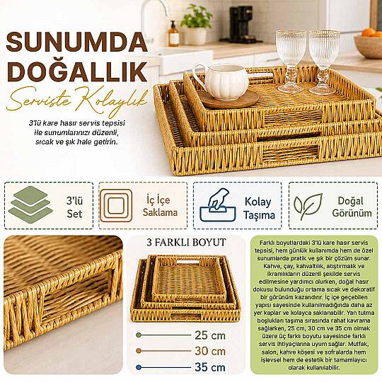 3'lü Kare Hasır Servis Sunum Tepsisi – Dekoratif Çok Amaçlı Kahvaltı İkram Tepsi Seti - 2