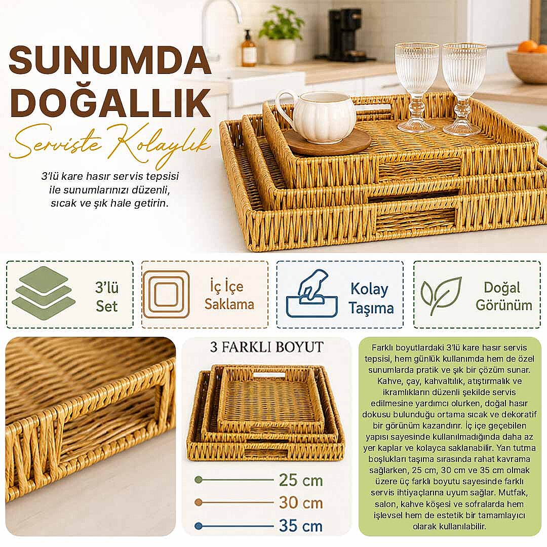 3'lü Kare Hasır Servis Sunum Tepsisi – Dekoratif Çok Amaçlı Kahvaltı İkram Tepsi Seti - 2