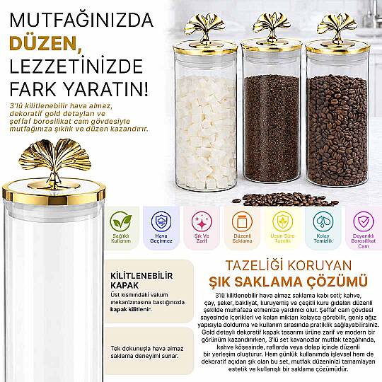 3lü Kilitlenebilir Vakum Kapaklı Varaklı Borosilikat Cam Kavanoz Erzak Saklama Kabı 1400 ML - 2