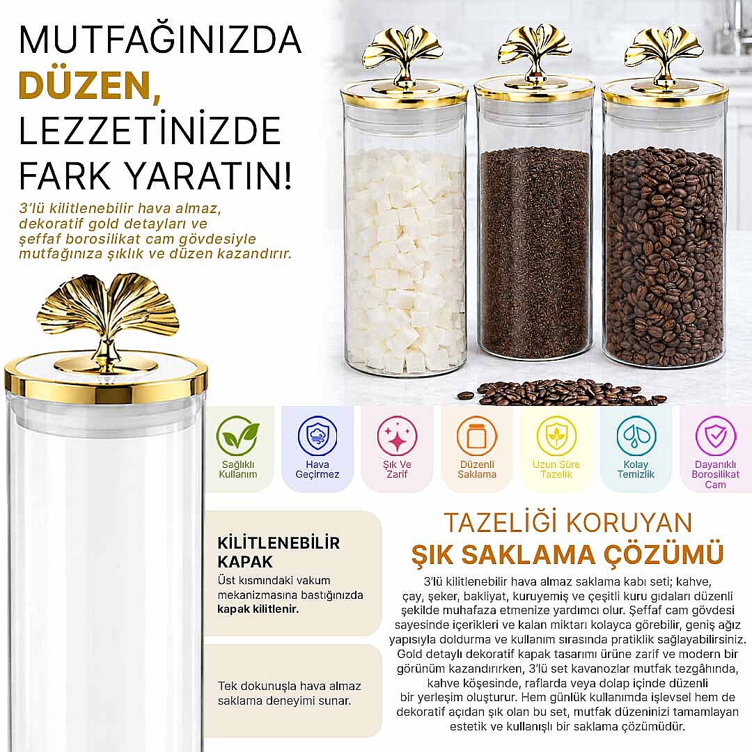 3lü Kilitlenebilir Vakum Kapaklı Varaklı Borosilikat Cam Kavanoz Erzak Saklama Kabı 1400 ML - 2