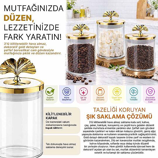 3lü Kilitlenebilir Vakum Kapaklı Varaklı Borosilikat Cam Kavanoz Erzak Saklama Kabı 800 ML - 2