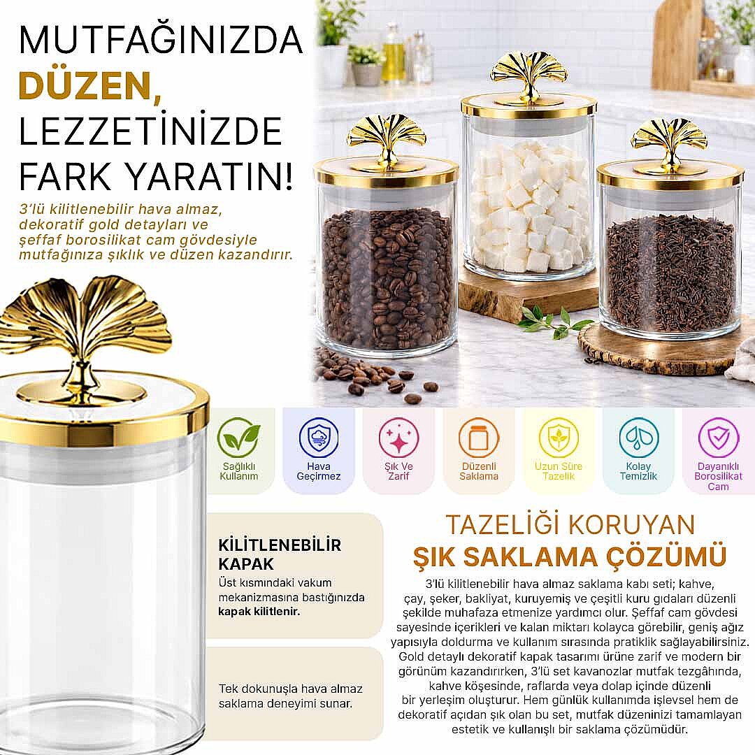 3lü Kilitlenebilir Vakum Kapaklı Varaklı Borosilikat Cam Kavanoz Erzak Saklama Kabı 800 ML - 2