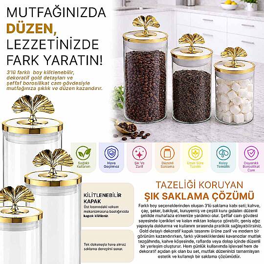 3'lü Varaklı Borosilikat Cam Kavanoz Seti – Kilitlenebilir Vakum Kapaklı 800 1000 1500 ml Erzak Saklama Kabı - 2