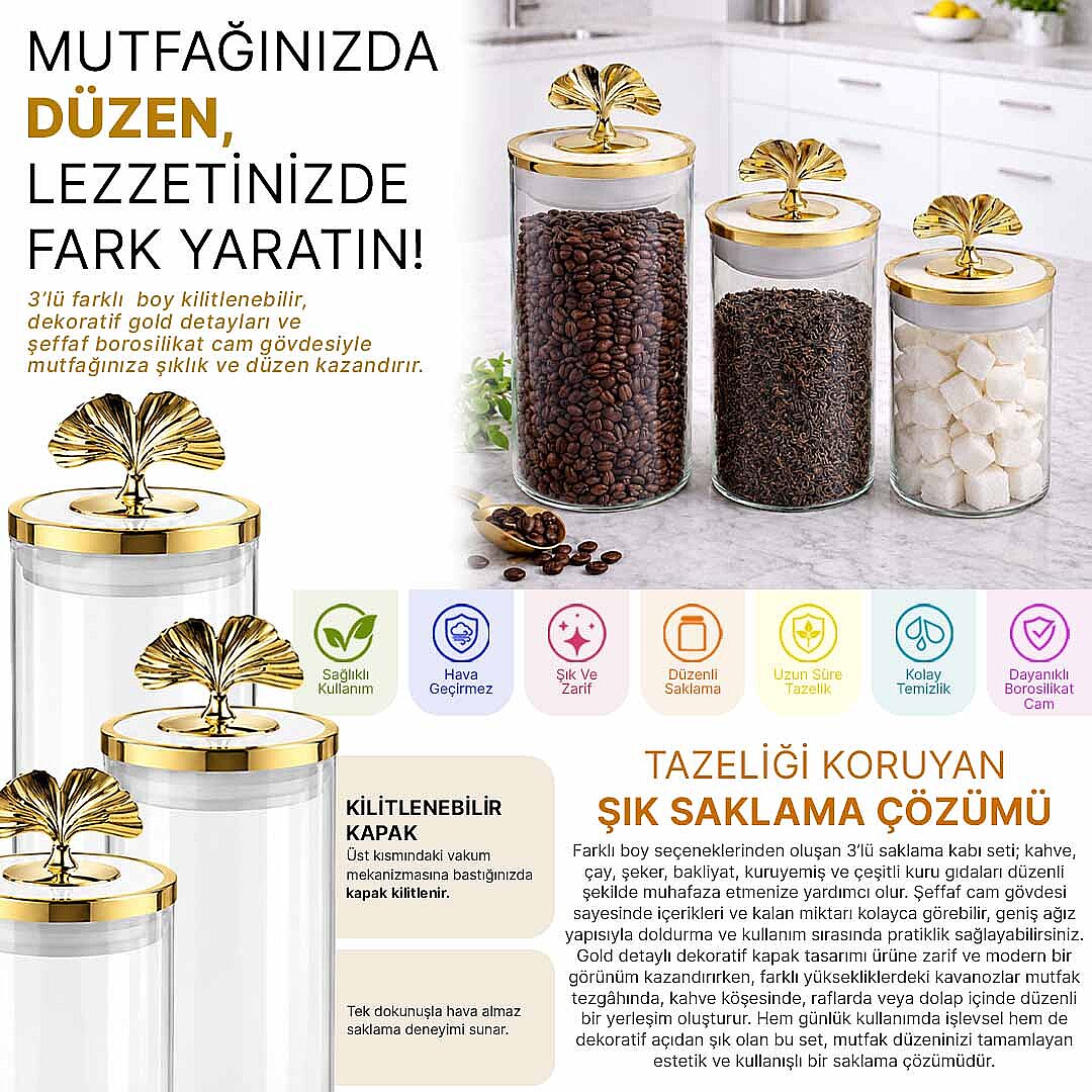 3'lü Varaklı Borosilikat Cam Kavanoz Seti – Kilitlenebilir Vakum Kapaklı 800 1000 1500 ml Erzak Saklama Kabı - 2
