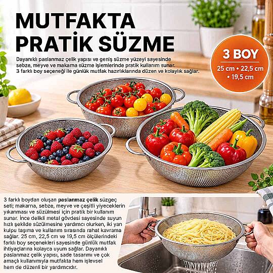 3’lü Paslanmaz Çelik Kulplu Tel Süzgeç Seti - Çok Amaçlı Makarna Meyve Sebze Süzgeci Un Eleği - 2
