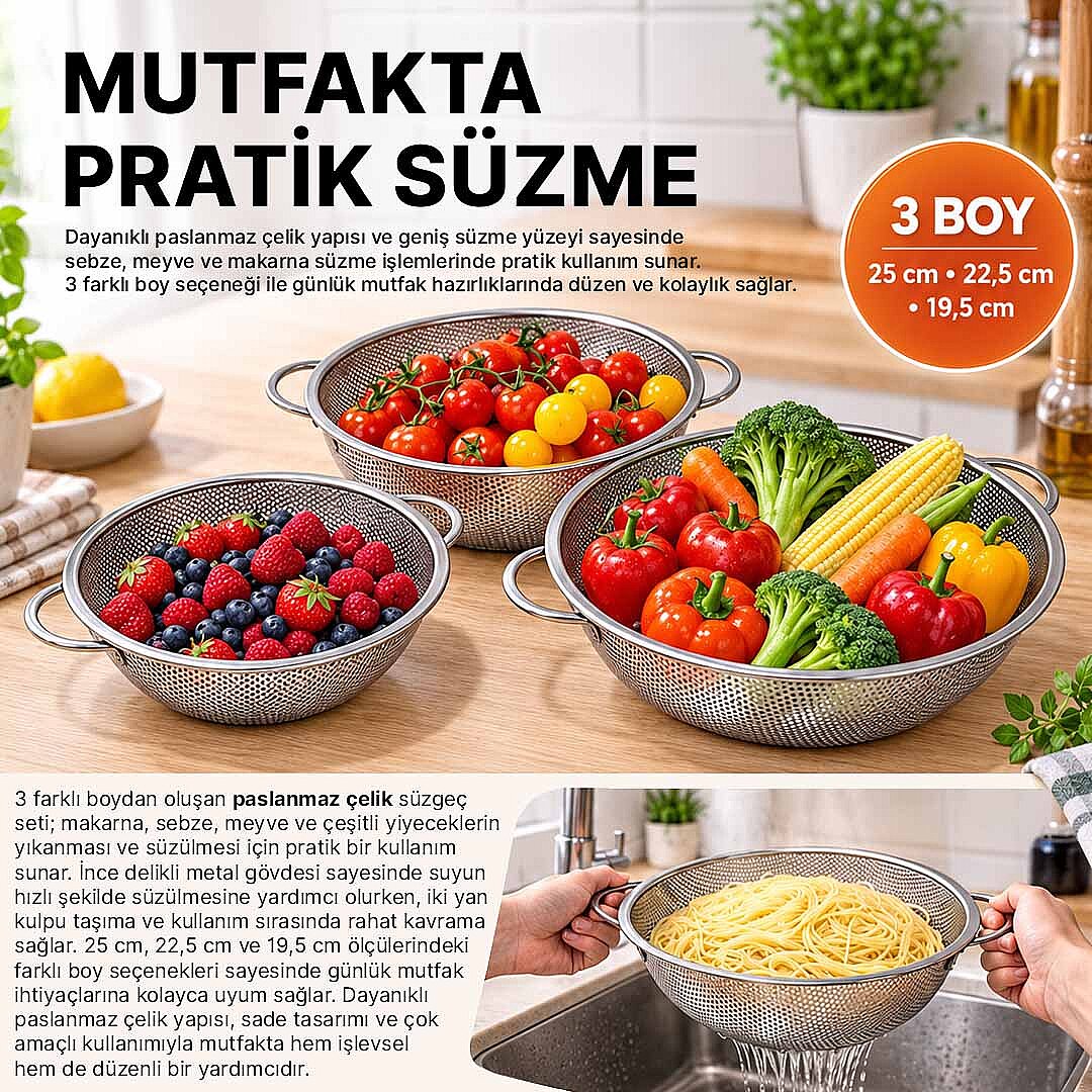 3’lü Paslanmaz Çelik Kulplu Tel Süzgeç Seti - Çok Amaçlı Makarna Meyve Sebze Süzgeci Un Eleği - 2