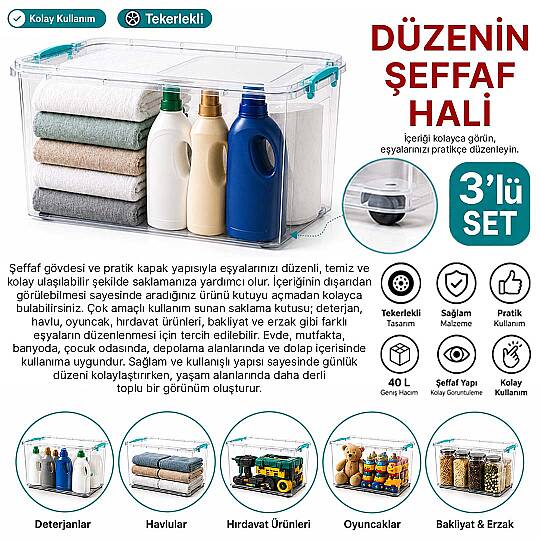 3lü Set 40 Lt Tekerlekli Kilitli Saklama Kutusu Çok Amaçlı Düzenleyici Hırdavat Oyuncak Erzak Kabı - 2