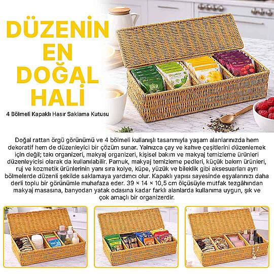 4 Bölmeli Kapaklı Hasır Çay Saklama Kutusu - Rattan Örgü Mutfak Tezgah Üstü Düzenleyici Organizer - 2
