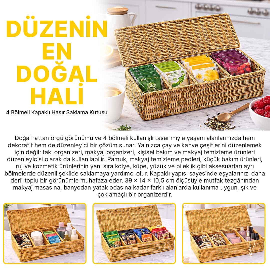 4 Bölmeli Kapaklı Hasır Çay Saklama Kutusu - Rattan Örgü Mutfak Tezgah Üstü Düzenleyici Organizer - 2