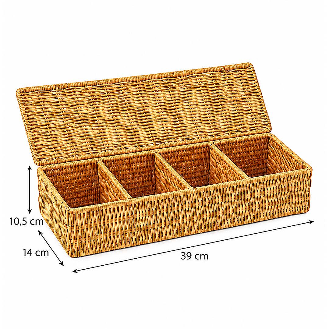 4 Bölmeli Kapaklı Hasır Çay Saklama Kutusu - Rattan Örgü Mutfak Tezgah Üstü Düzenleyici Organizer - 3