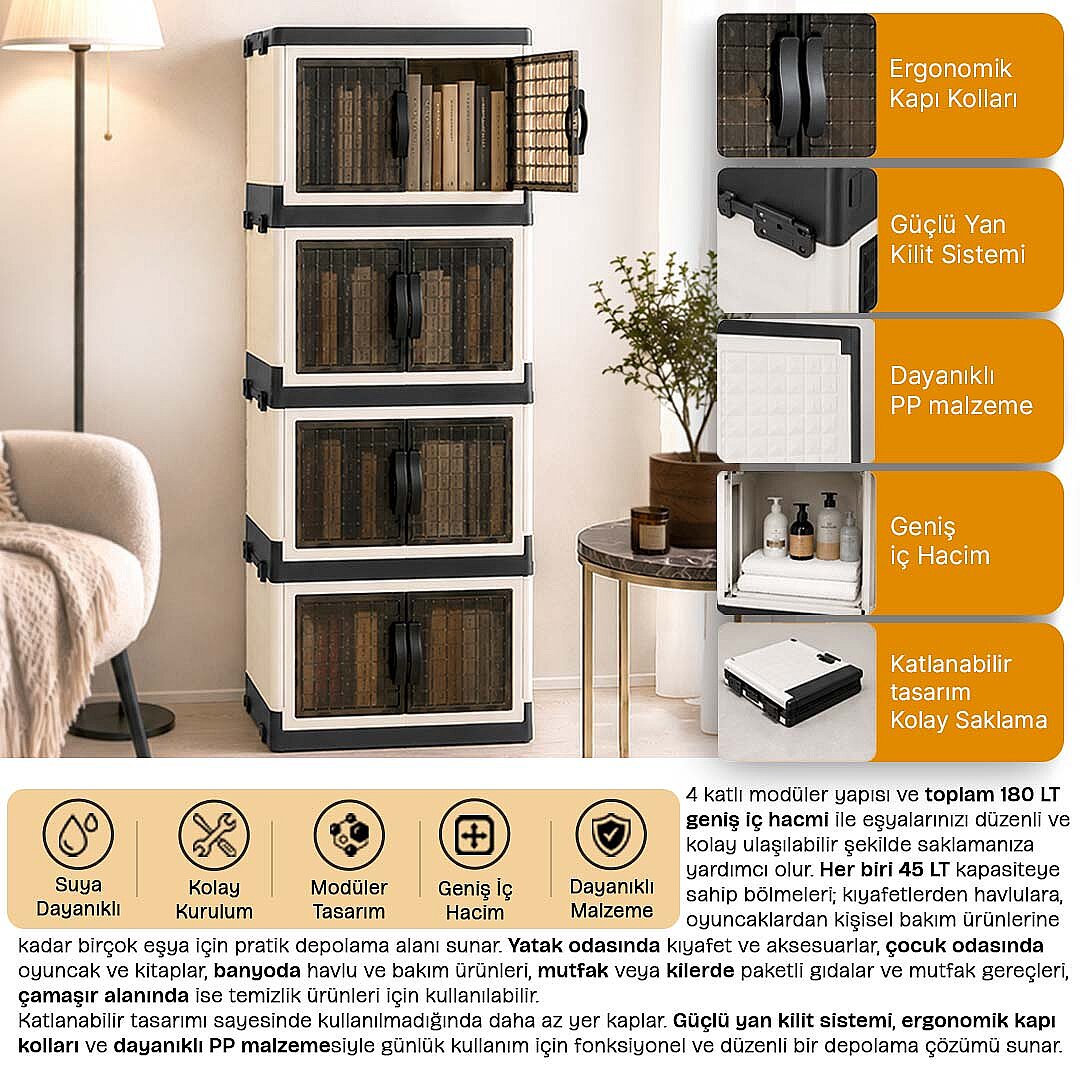 4 Katlı Katlanabilir Modüler Dolap – Ev Ofis Kiler Düzenleyici İstiflenebilir Çok Amaçlı Dolap - 6