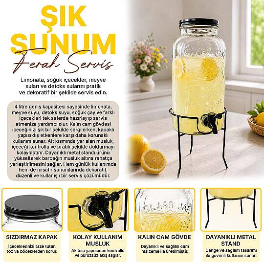 4 Lt Stantlı Cam Sebil - Musluklu Şerbetlik Metal Kapaklı Ayaklı Meşrubat Sunumluk - 2