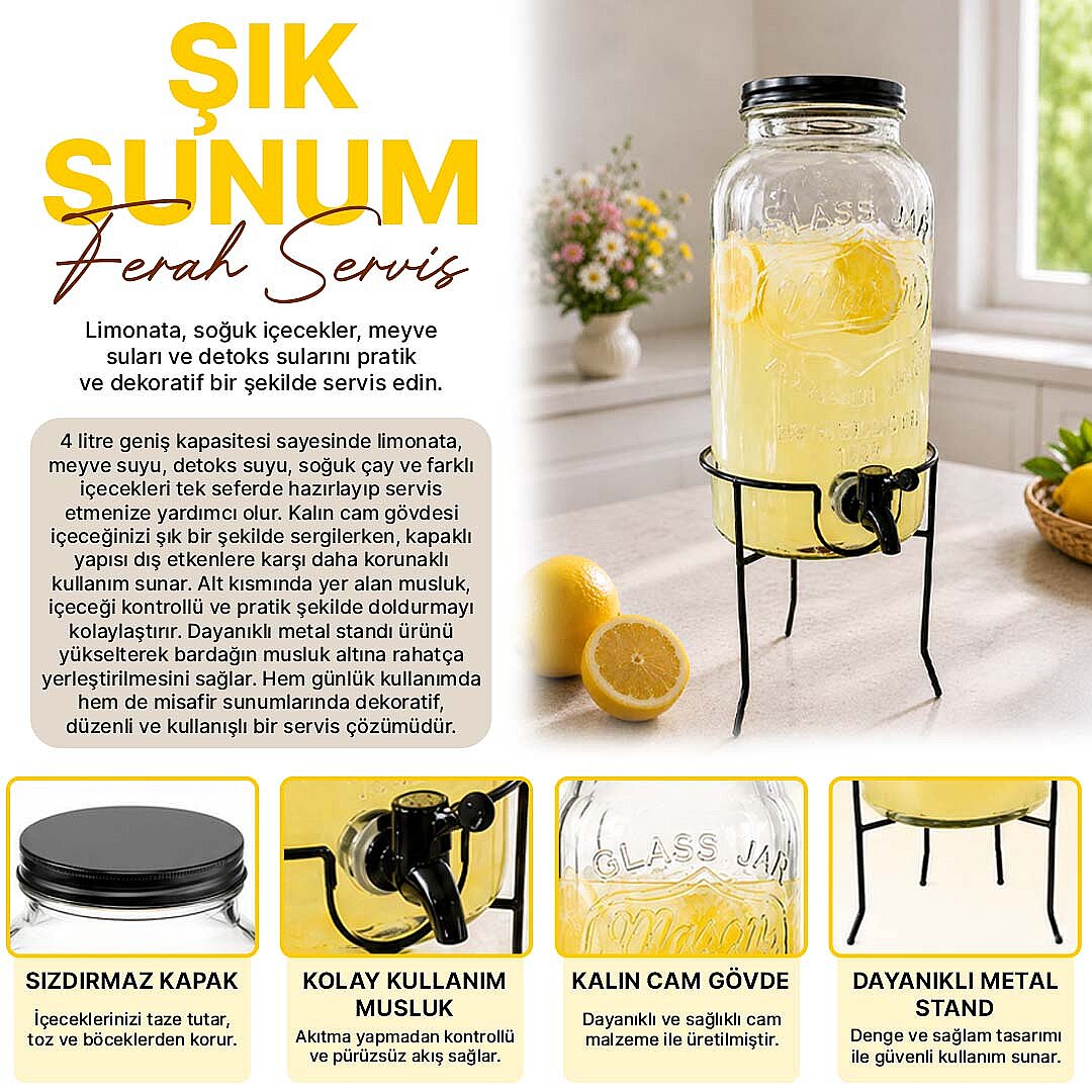 4 Lt Stantlı Cam Sebil - Musluklu Şerbetlik Metal Kapaklı Ayaklı Meşrubat Sunumluk - 2
