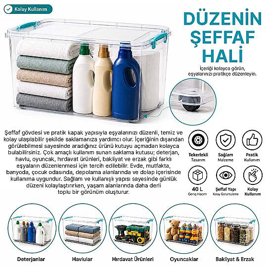 40 Lt Tekerlekli Kilitli Saklama Kutusu Düzenleyici Erzak Hırdavat Oyuncak Saklama Kabı - 2