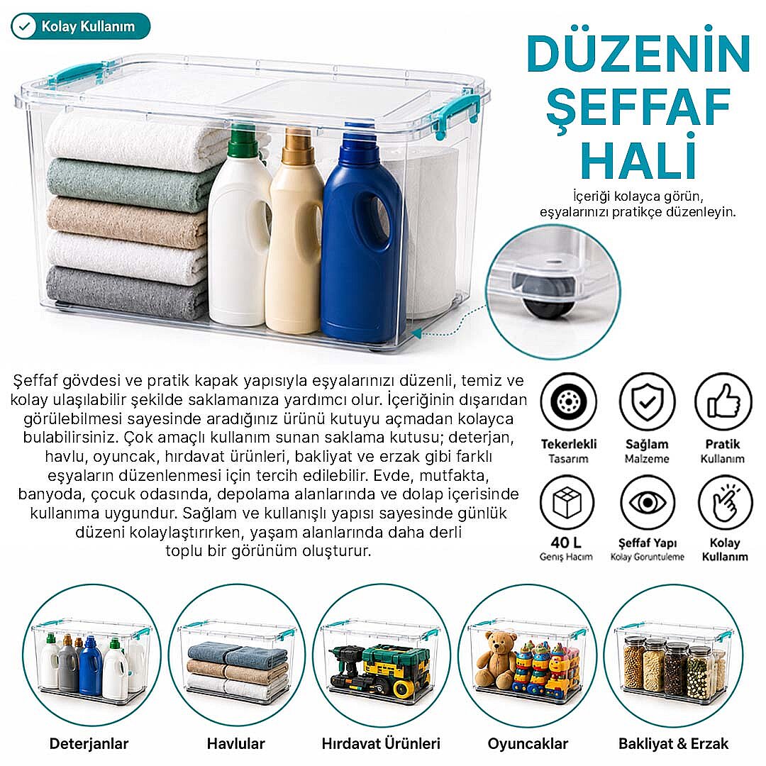 40 Lt Tekerlekli Kilitli Saklama Kutusu Düzenleyici Erzak Hırdavat Oyuncak Saklama Kabı - 2