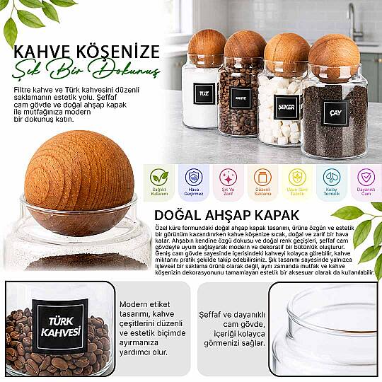4'lü 1000 ml Ahşap Top Kapaklı Erzak Kavanozu Seti – Çay Kahve Şeker Tuz Saklama Kavanozu - 2