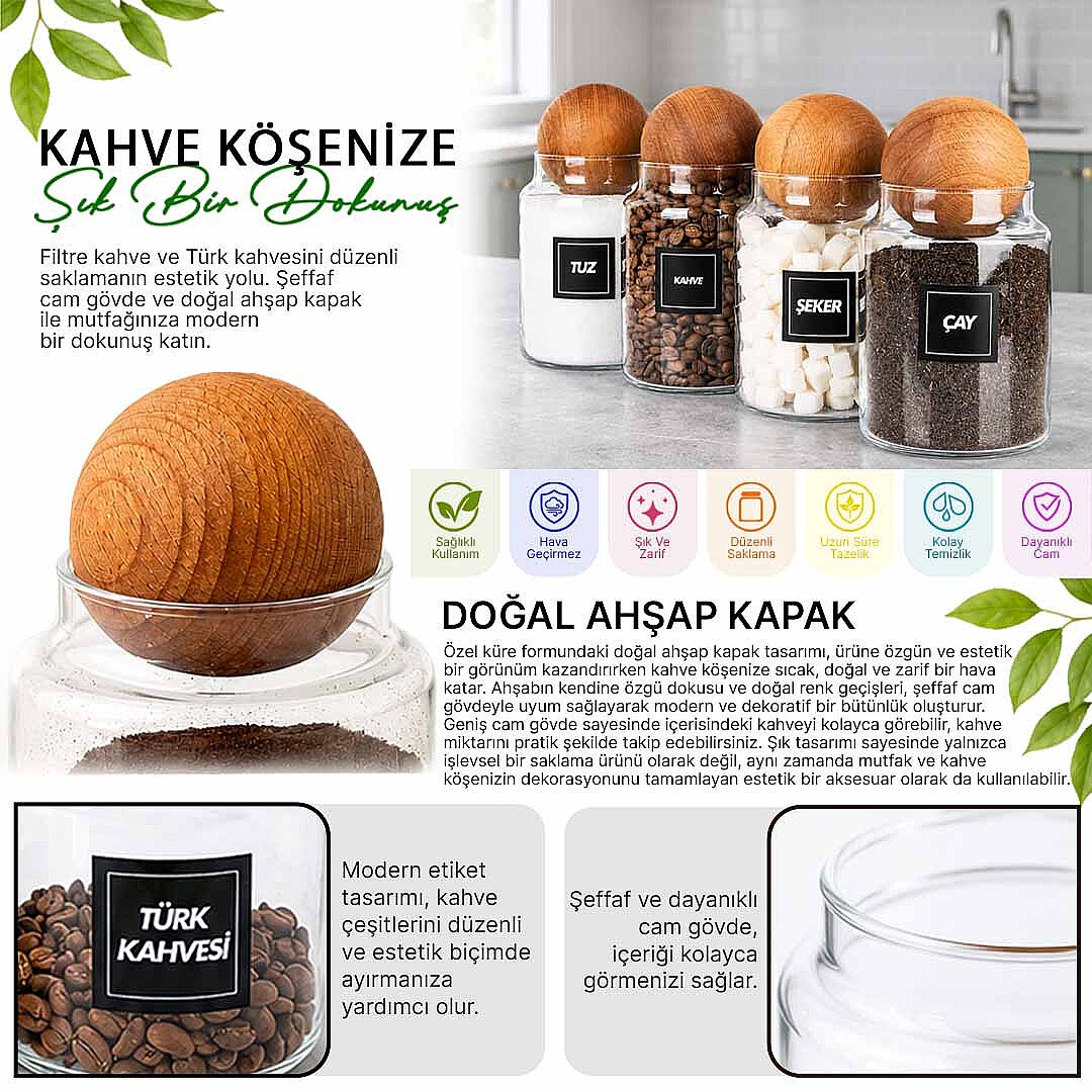 4'lü 1000 ml Ahşap Top Kapaklı Erzak Kavanozu Seti – Çay Kahve Şeker Tuz Saklama Kavanozu - 2