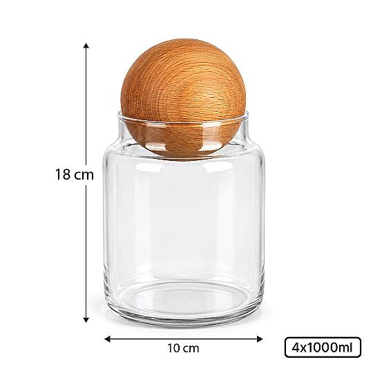 4'lü 1000 ml Ahşap Top Kapaklı Erzak Kavanozu Seti – Çay Kahve Şeker Tuz Saklama Kavanozu - 3