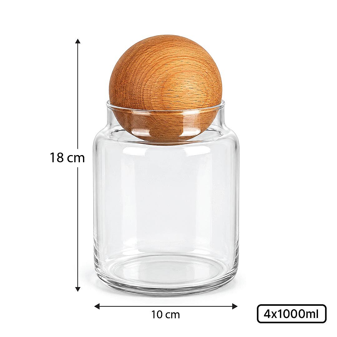 4'lü 1000 ml Ahşap Top Kapaklı Erzak Kavanozu Seti – Çay Kahve Şeker Tuz Saklama Kavanozu - 3