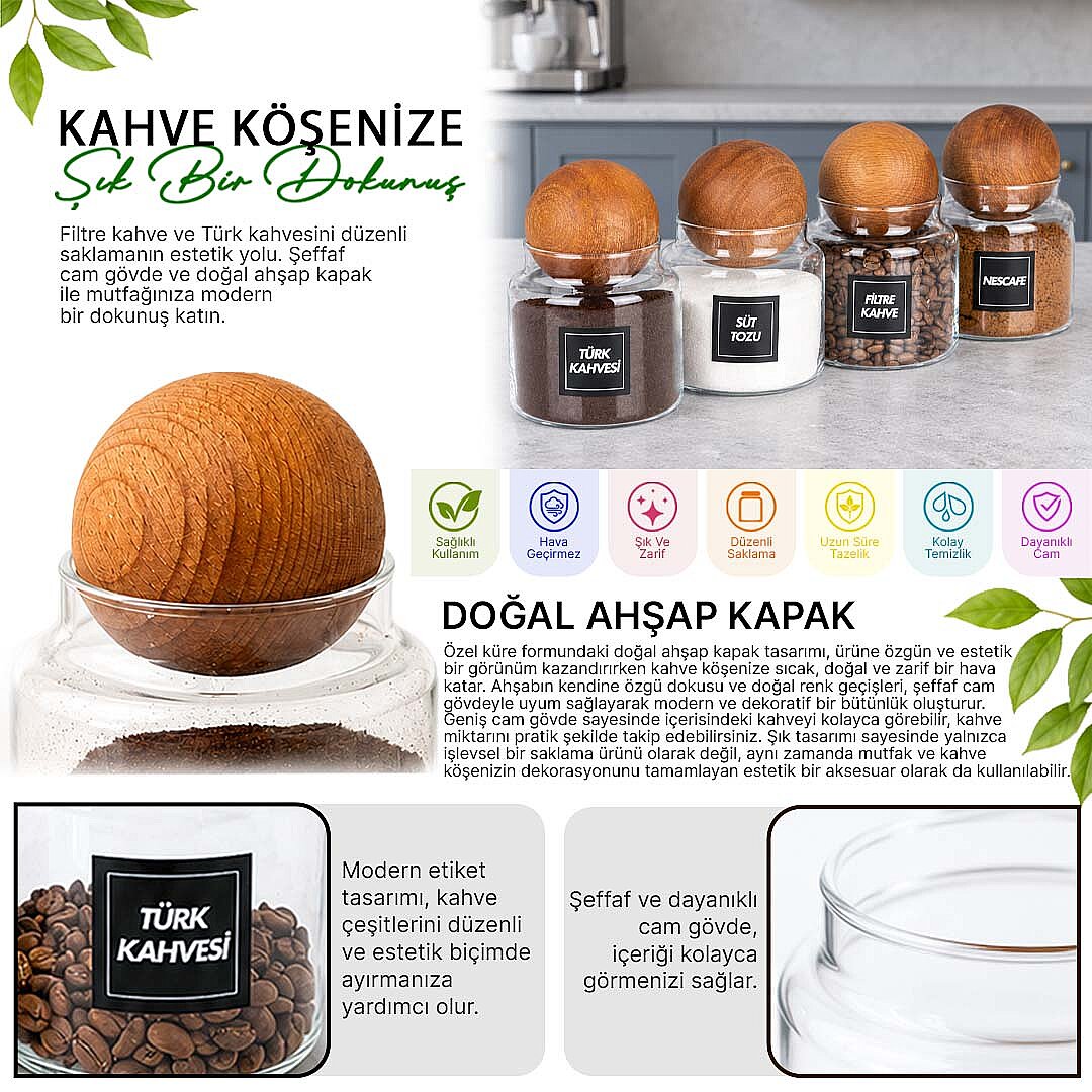 4'lü 600 ml Cam Kahve Kavanozu Seti – Ahşap Top Kapaklı Filtre Kahve Türk Kahvesi Nescafe Süt Tozu Saklama Kabı - 2