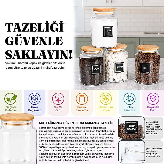 4'lü 1000 ml Erzak Saklama Kavanozu Seti – Ahşap Vakum Kapaklı Çay Kahve Şeker Tuz Kavanozu - 2