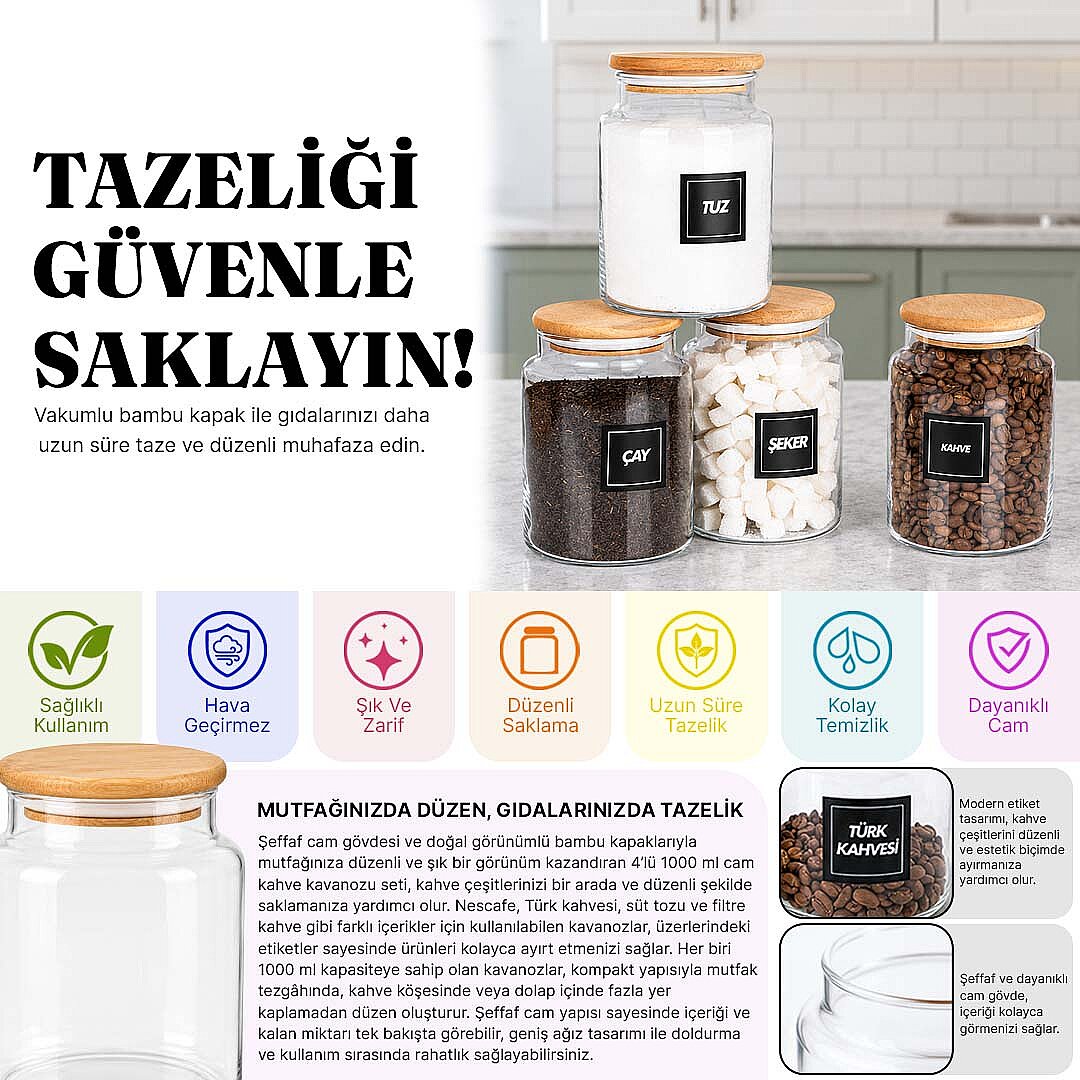 4'lü 1000 ml Erzak Saklama Kavanozu Seti – Ahşap Vakum Kapaklı Çay Kahve Şeker Tuz Kavanozu - 2