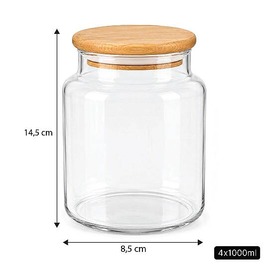 4'lü 1000 ml Erzak Saklama Kavanozu Seti – Ahşap Vakum Kapaklı Çay Kahve Şeker Tuz Kavanozu - 3