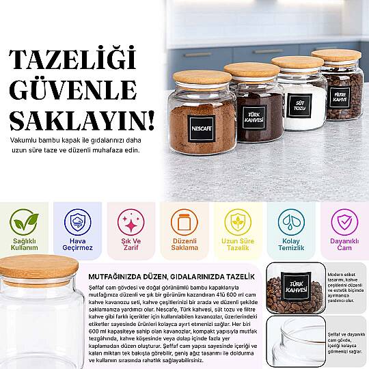 4'lü 600 ml Cam Kahve Kavanozu Seti – Ahşap Vakum Kapaklı Filtre Kahve Türk Kahvesi Nescafe Süt Tozu Saklama Kabı - 2