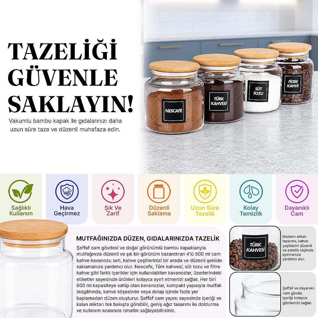 4'lü 600 ml Cam Kahve Kavanozu Seti – Ahşap Vakum Kapaklı Filtre Kahve Türk Kahvesi Nescafe Süt Tozu Saklama Kabı - 2