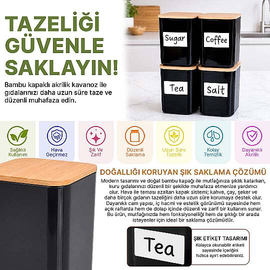 4'lü 900 ml Kare Akrilik Çay Kahve Şeker Tuz Saklama Kabı – Ahşap Vakum Kapaklı Erzak Seti - 2