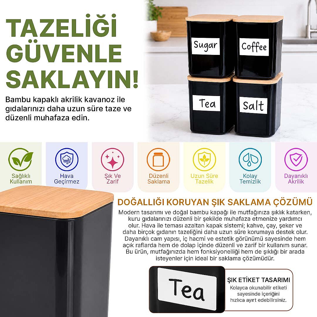 4'lü 900 ml Kare Akrilik Çay Kahve Şeker Tuz Saklama Kabı – Ahşap Vakum Kapaklı Erzak Seti - 2