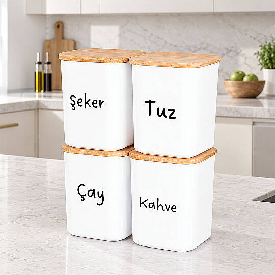 4'lü 900 ml Kare Akrilik Erzak Saklama Kabı Seti – Ahşap Vakum Kapaklı Çay Kahve Şeker Tuz Kutusu