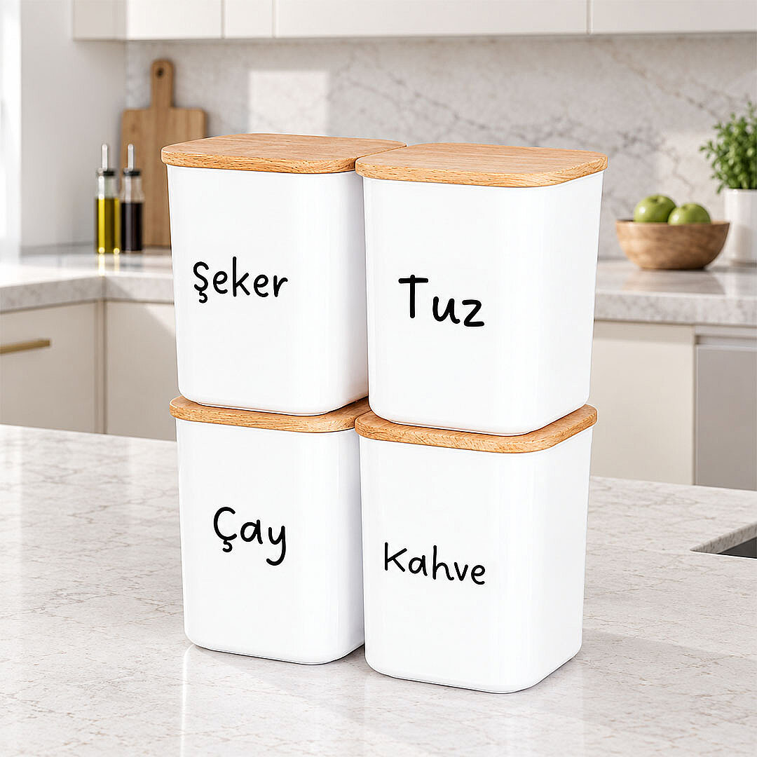 4'lü 900 ml Kare Akrilik Erzak Saklama Kabı Seti – Ahşap Vakum Kapaklı Çay Kahve Şeker Tuz Kutusu - 1