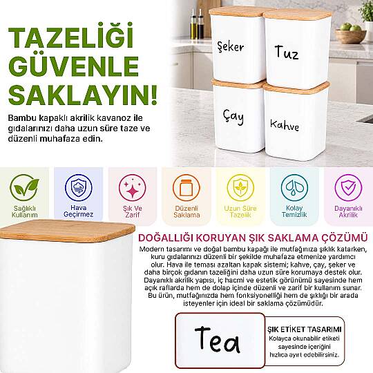 4'lü 900 ml Kare Akrilik Erzak Saklama Kabı Seti – Ahşap Vakum Kapaklı Çay Kahve Şeker Tuz Kutusu - 2