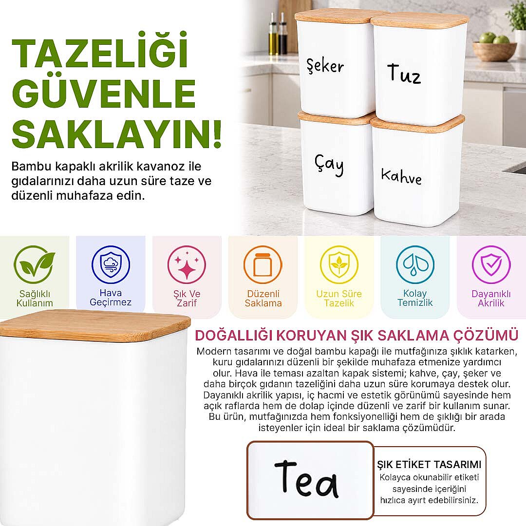 4'lü 900 ml Kare Akrilik Erzak Saklama Kabı Seti – Ahşap Vakum Kapaklı Çay Kahve Şeker Tuz Kutusu - 2