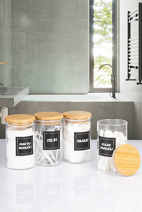 4'lü 250 ml Bambu Vakum Kapaklı Banyo Kavanoz Seti – Kulak Pamuğu Makyaj Pamuğu Diş İpi Saklama Kabı - 1