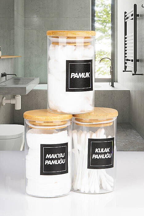 4'lü 250 ml Bambu Vakum Kapaklı Banyo Kavanoz Seti – Kulak Pamuğu Makyaj Pamuğu Diş İpi Saklama Kabı - 4