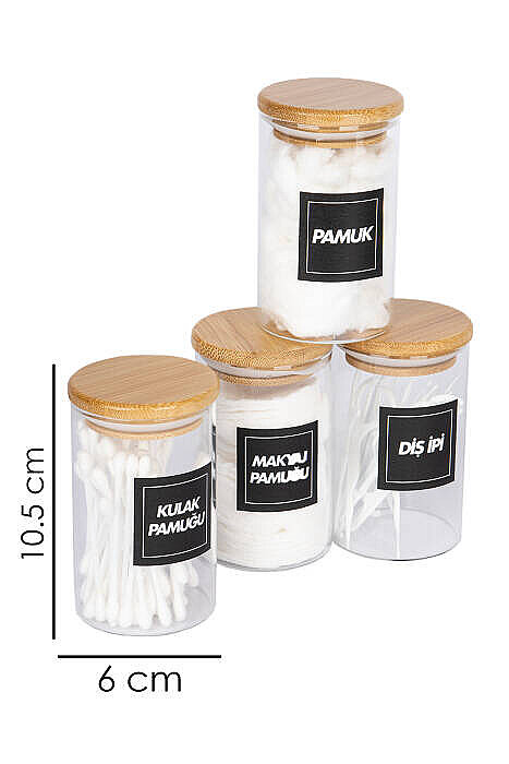 4lü Bambu Vakumlu Kapaklı Kulak Pamuğu Makyaj Pamuğu Diş İpi ve Pamuk Kavanozu Pamukluk Seti 250 Ml - 2