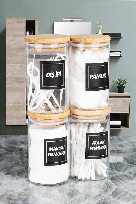 4lü Bambu Vakumlu Kapaklı Kulak Pamuğu Makyaj Pamuğu Diş İpi ve Pamuk Kavanozu Pamukluk Seti 250 Ml - 3
