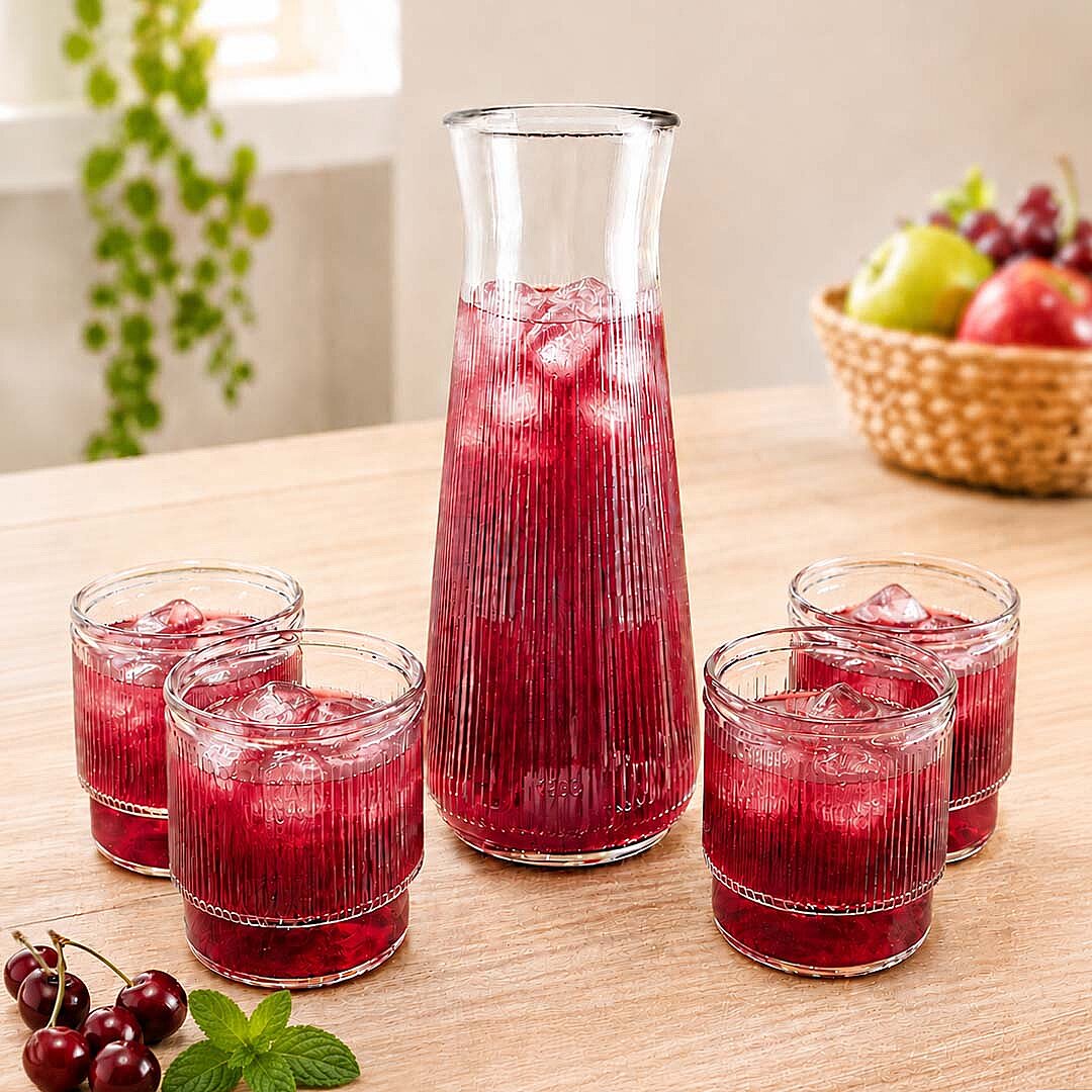 4lü Cam Karaf & Bardak Seti - Top Kapaklı Limonata Meşrubat Meyve Suyu Servis Sunum Seti - 1