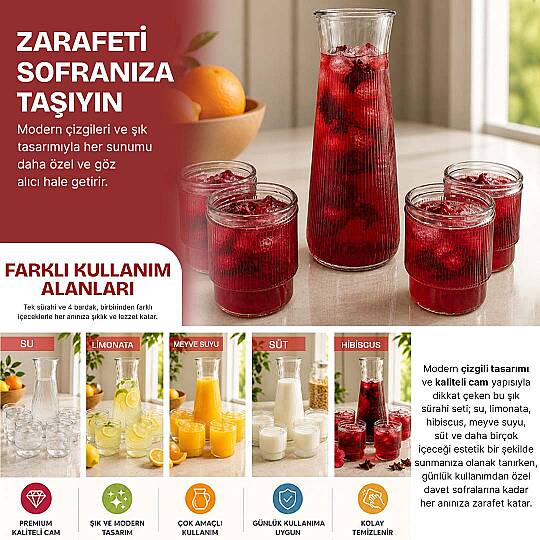4lü Cam Karaf & Bardak Seti - Top Kapaklı Limonata Meşrubat Meyve Suyu Servis Sunum Seti - 2